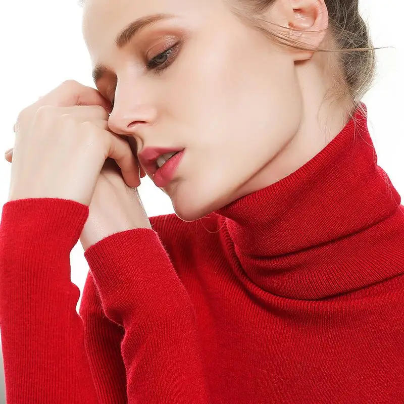 KINOMI Autumn Winter Solid Basic Knitted Pullover Women Turtleneck Sweater Long Sleeve Black Red Pullovers Tops 2019 New | Женская