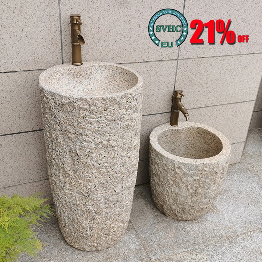 

Retro Natural Stone Wash Basin Courtyard Pedestal Basin Garden Stone Floor-standing Wash Basin Villa Outdoor Basin With Mop Pool