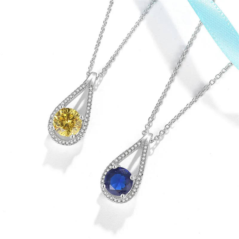 

Genuine 925 Sterling Silver Pendants Necklaces for Women Yellow Blue Diamond Gemstone Water Drop Jewelry Wedding Gifts