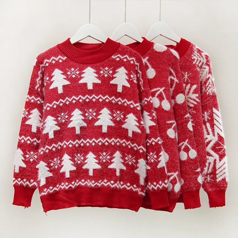 

Красный Рождественский женский свитер с круглым вырезом и длинным рукавом, свободные вязаные Джемперы, женские зимние Джемперы 2021