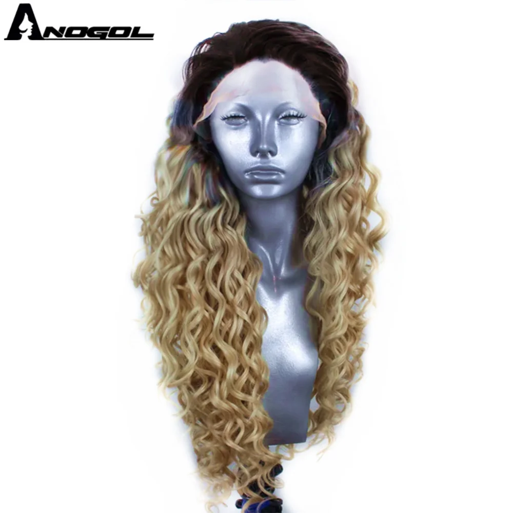 Anogol темные корни Омбре блонд синтетический кружевной передний парик афро