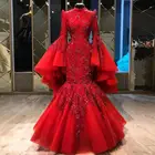 Роскошные красные мусульманские Вечерние платья-русалки с высоким воротом, асимметричные вечерние платья с длинным рукавом и бисером, женское платье для выпускного вечера