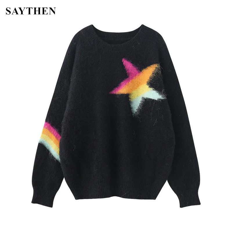 

SAYTHEN Round Neck Knitted Pullover Soft Waxy Five-Star Brushed Female Autumn And Winter New Layered Black Lazy Wind Jacket