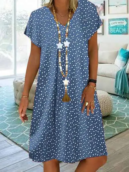 Womens Loose Casual Dress 2020 Summer Short Sleeve Heart Printed Dresses Plus Size V Neck Wave Point Beach Party Women | Женская одежда