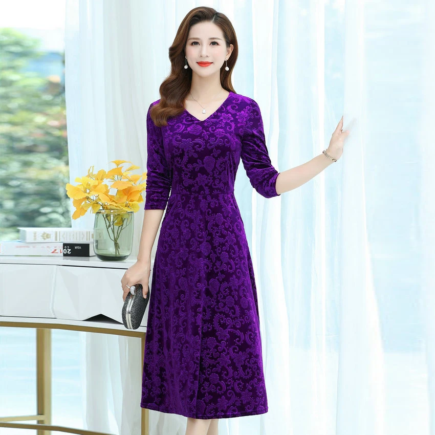 

Autumn Spring Classy Chic Embossed Pleuche Dress Women Purple Red Black Blue Velvet One Piece Dresses Ladies Elegant Velour Robe