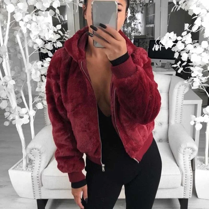 

Women Fur Hooded Long Sleeve Jacket Coat Velvet Windbreak Warm Outerwear 2021 Autumn Winter Solid Color Crop Top Casual Clothes