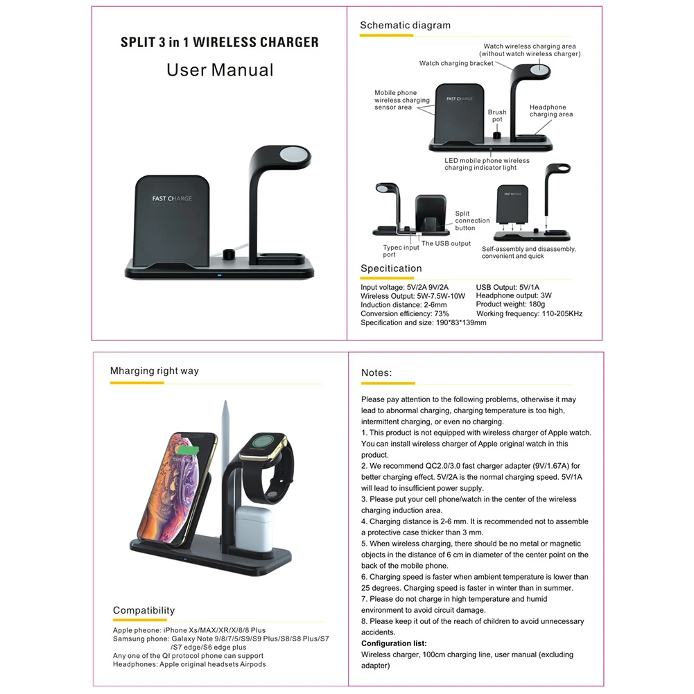 Беспроводное зарядное устройство 3 в 1 алюминиевый корпус станция быстрой