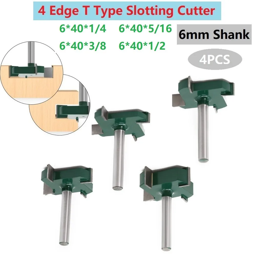 

4 шт., Т-образные фрезы для работ по дереву, хвостовик 1/4 дюйма, 6 мм