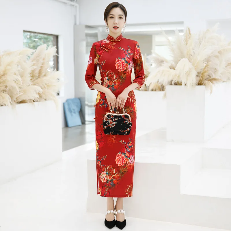 

Traditional Red Three-Quarter Sleeve Cheongsam High-Split Qipao Mandarin Collar Stage Show Dress For Women Plus Size 4XL 5XL