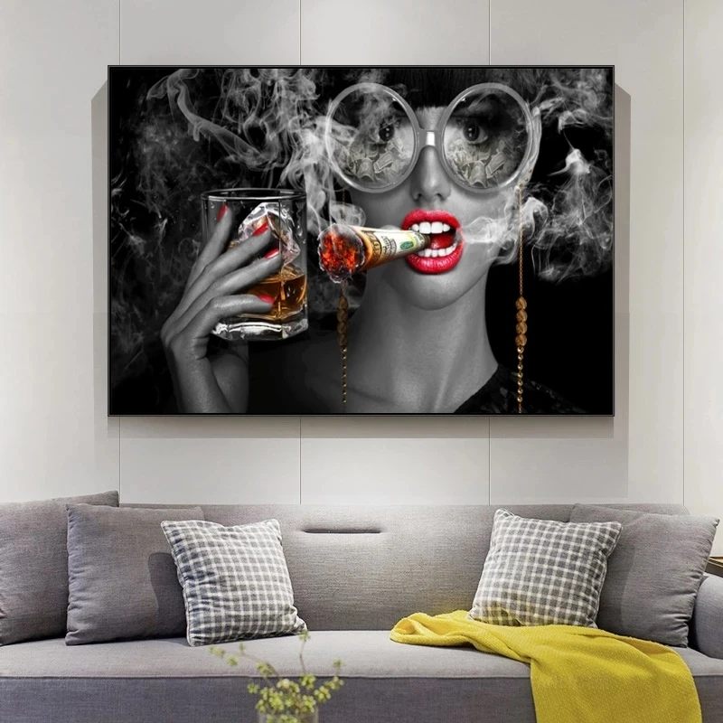 Bar Wall Decor Cool Smoking and Drinking Gril Poster Print on Canvas Fashion Makeup Woman Pictures Home Decoration No Frame | Дом и сад