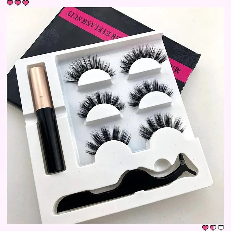 

3 Pairs Magnetic Eyelashes And Eyeliner Set Magnet Lashes Magnetic Liquid Eyeliner&magnetic False Eyelashes & Tweezer Set
