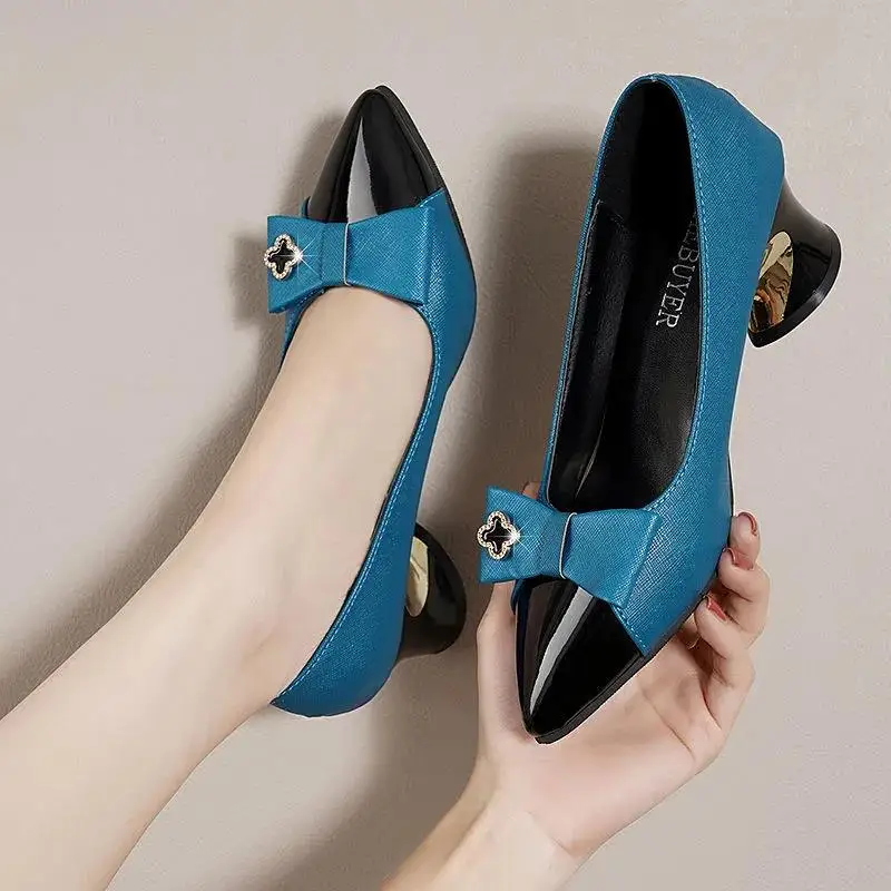 

Sapatos Femininas Women Classic Black Pu Leather High Quality Spring & Summer Heel Shoes Lady Casual Sweet Sky Blue Pumps H9195