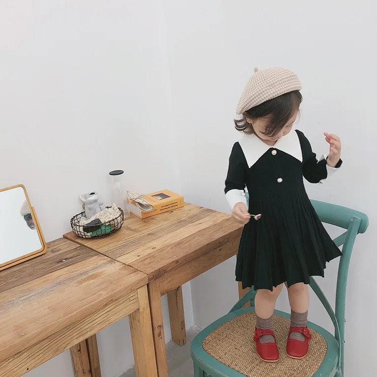 Осеннее трикотажное плиссированное платье с длинными рукавами для девочек