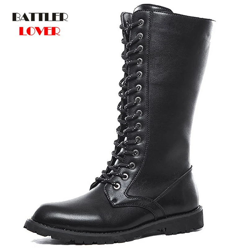 

Army Boots Men High Quality Military Combat Mid Calf Botas for Male Motorcycle Boots Solid Round Toe Lace Up Footwear Size 38-45