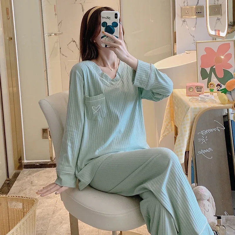 2020 осень-зима 100% хлопок! Футболка с длинным рукавом и v-образным вырезом пижамные