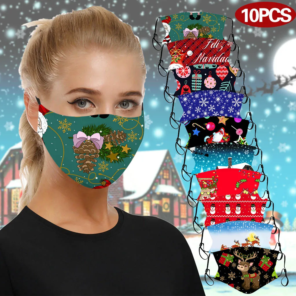 

10PCS Christmas Masks Cotton Fabric Print Reusable Washable Breathable Face Cover Facemasks For Women Men Festive Party Supplies