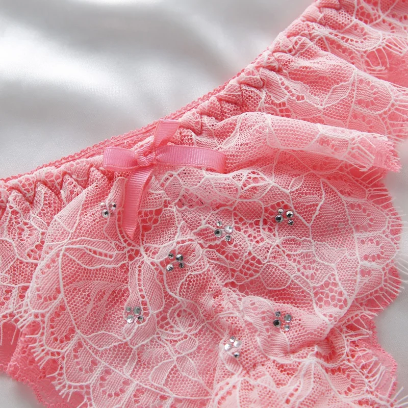 

Sexy Women Lace Jacquard Ribbon With Chest Pad Gather Bow Bra + Thong Panties Suit Stitching Color Bra & Brief Sets