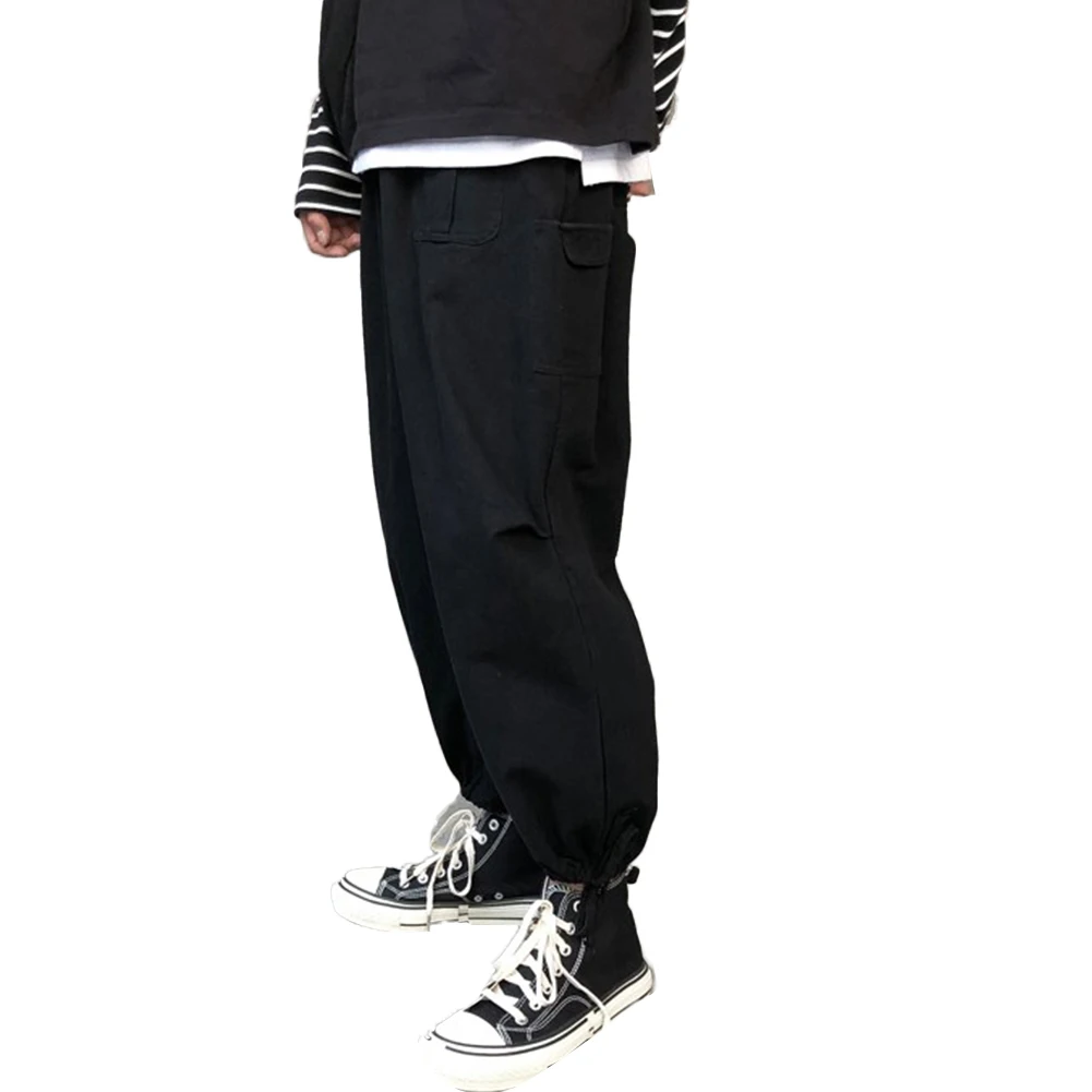 Модные мужские мягкие дышащие свободные брюки с завязками на лодыжках черные для