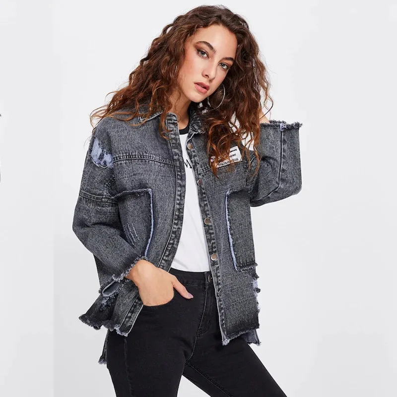 

European And American Women's Loose-Fitting Jackets With Ripped Holes Denim Jackets Women Street Fashion 2021 Autumn Summer New