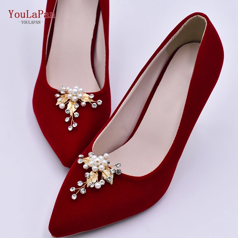 YouLaPan X03 2pcs Golden Leaves Wedding Shoe Buckle Clips for Women Bride High Heel Decoration Diamond |