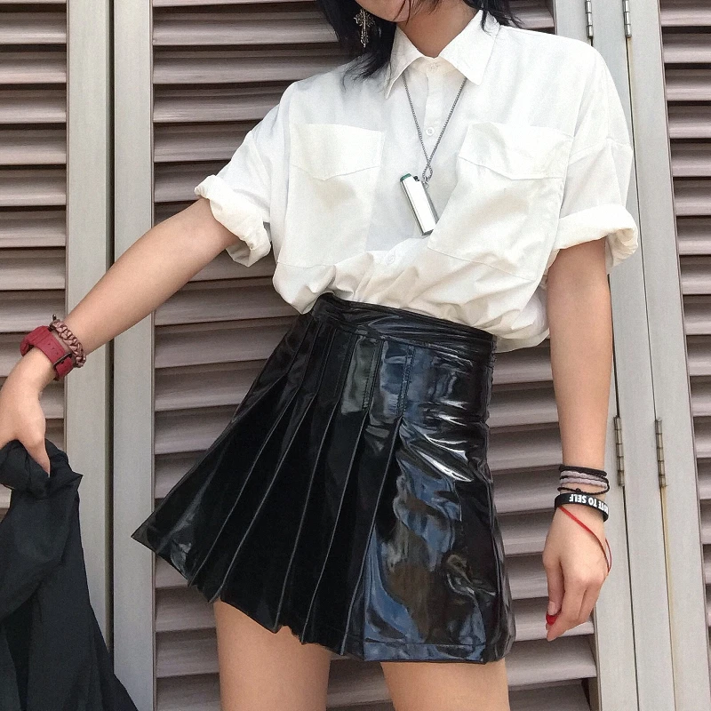 New Summer Skirts Women Harajuku Skirt Vintage Pu Skirts Loose High Waist Skirts Fashion Leather Skirts Casual Zip Skirts Female
