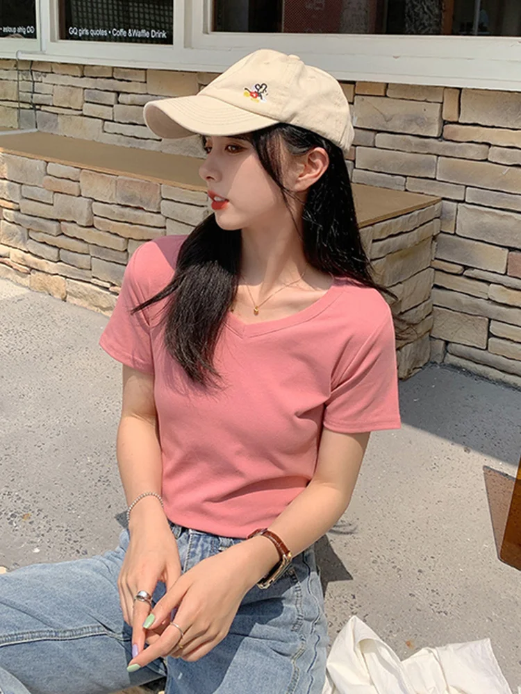 

Cotton Short Sleeve T-shirt Female 2021 New Summer V-neck Solid Color High Waist Short Korean Chic Fashion