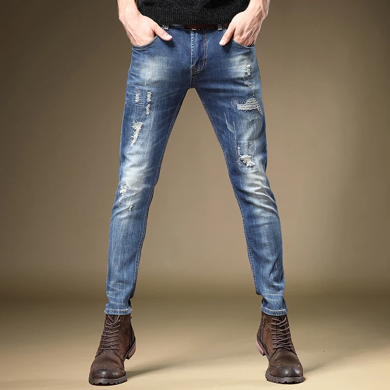European Vintage Fashion Men Jeans Retro Blue Elastic Slim Fit Ripped Jeans Men Destroyed Distressed Designer Denim Pencil Pants