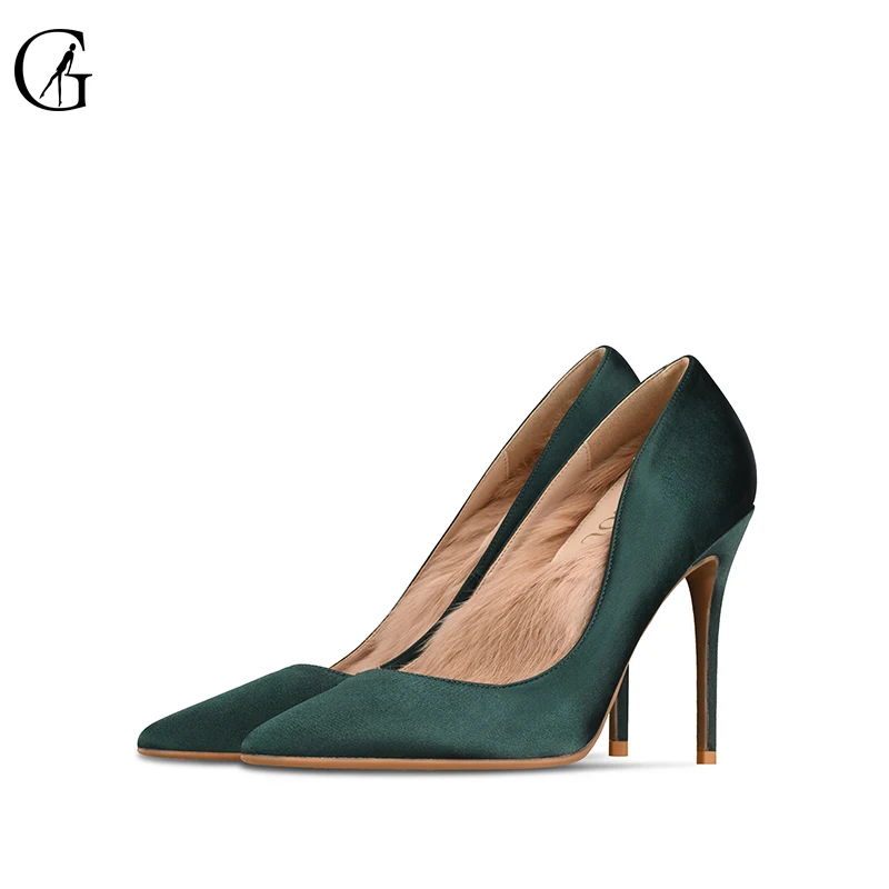 

GOXEOU Women's Pumps Satin Nude Black Red Dark Green Pointed Toe Rabbit Fur High Heels Party Fashion Office Lady Shoes Size32-46