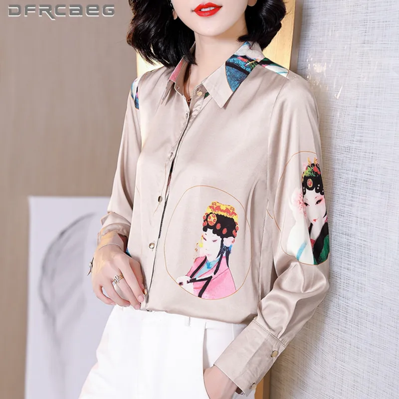 

Print Literary Retro Stain Shirts For Women 2022 Spring Elegant Long Sleeve Office Wear Blouses Female
