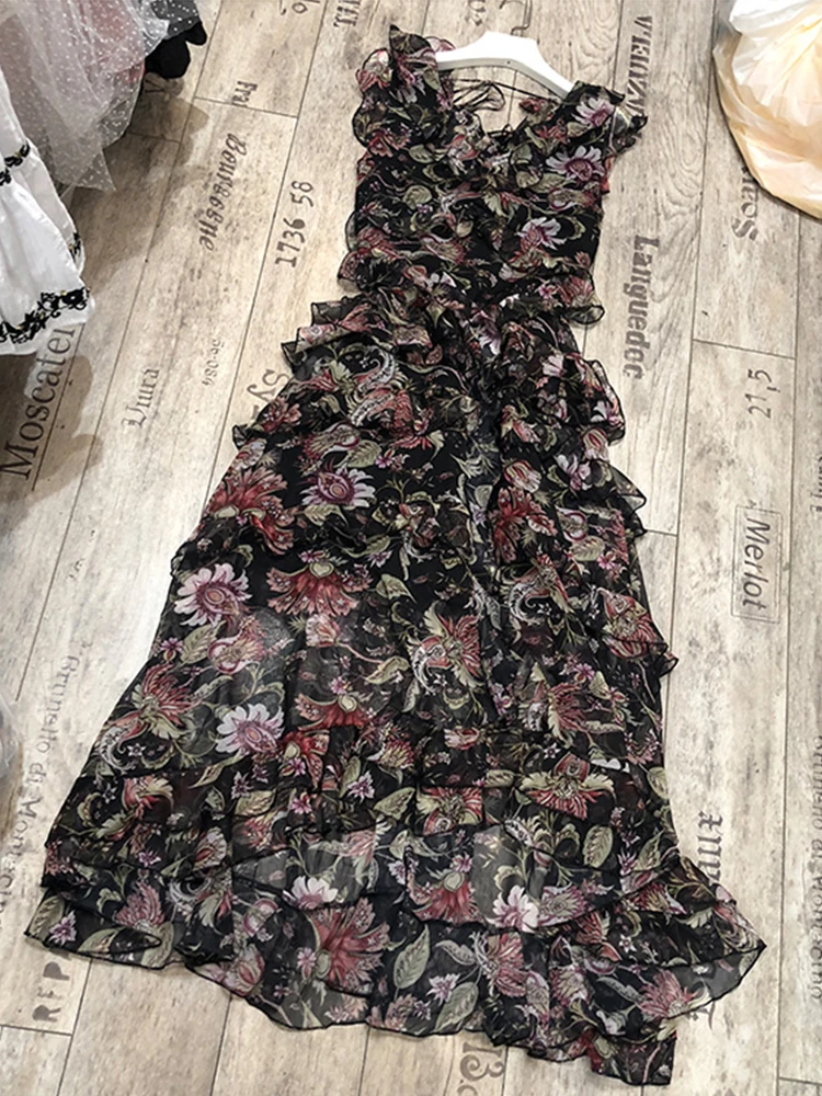 

Free shipping sexy V-neck high waist layered ruffle retro floral sleeveless dress ladies summer new swing temperament