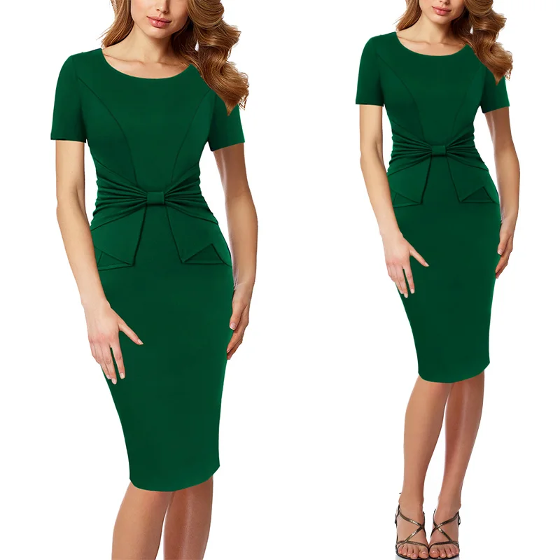 Vfemage Винтаж одноцветное цвет печати рюшами Лук носить на работу молнии vestidos Bodycon Офис Вечерние Партии Женское облегающее платье 361 - Цвет: Green 1