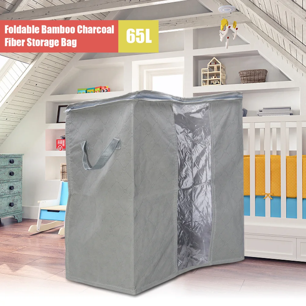 

65L Foldable Anti-bacterial Breathable Bamboo Charcoal Fiber Clothes Blanket Storage Bag Organizer Box (Grey)