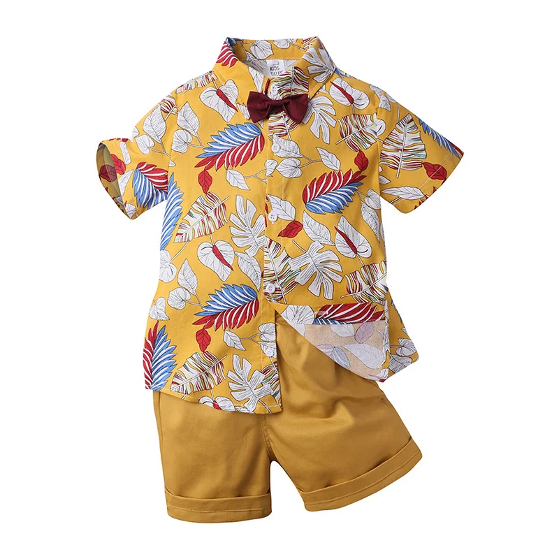 

Shriymariy 2021 Summer Boys Hawaii Shirt Sets Kid Flower Leaves Print Cotton Suits Short Shirt +Pants for Children Boys Clothing