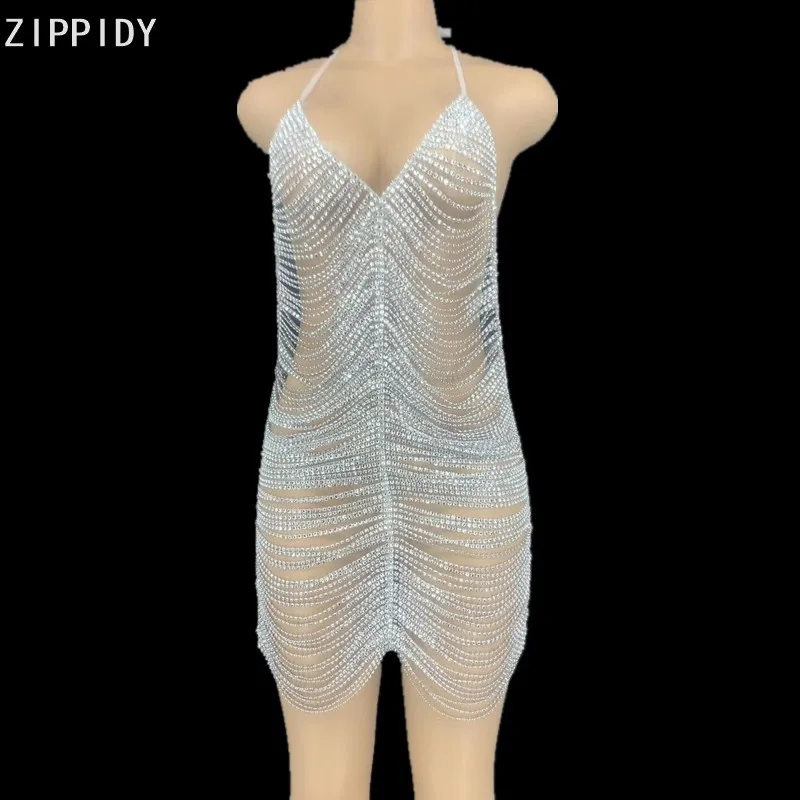 Серебряные стразы цепи с открытой спиной Мини платье для женщин певец Выпускной