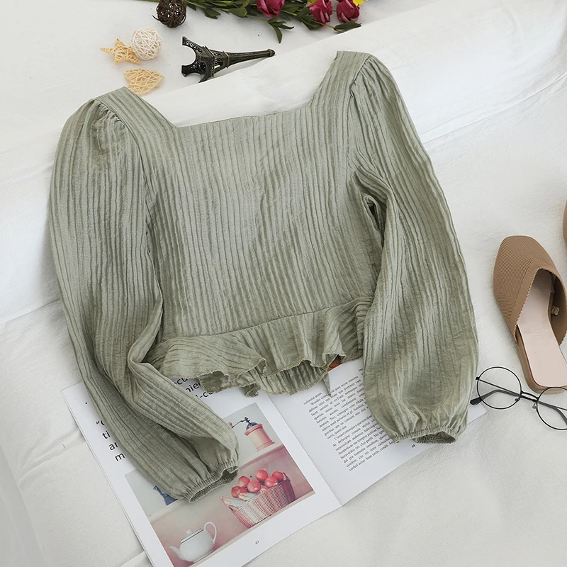 Женская рубашка с вырезом лодочкой и рукавами фонариками базовый винтажный