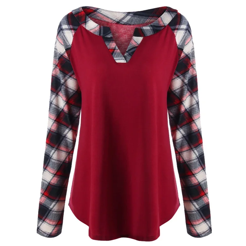 2019 новые женские модные клетчатые футболки с v образным вырезом и длинными