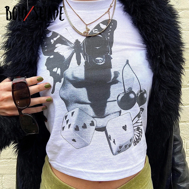 

Bold Shade Urban Streetwear Fashion Tee Shirts Short Sleeve Casual Style 90s Grunge Graphic Print T-shrits Women Round Neck Tees