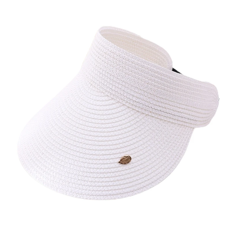

Women Summer Woven Straw Empty Top Sun Hat Visors Wide Brim Leaves Decor Solid Color UV Protection Roll-Up Beach Baseball Cap