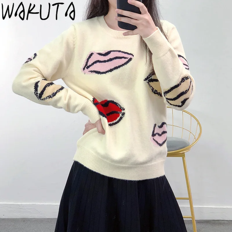Вязаные Пуловеры с принтом губ WAKUTA женские свитера осенне-зимние универсальные