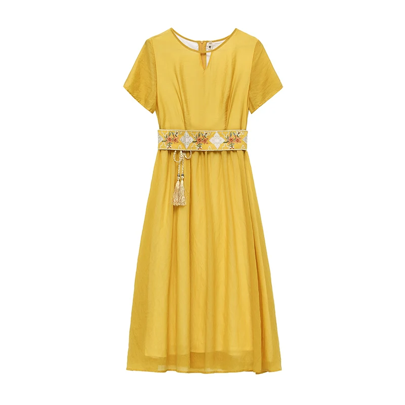 

COIGARSAM Women Dress Spring Summer 2021 Chinese Style Vintage Solid Short Sleeve Embroidery O-Neck Yellow Dresses Traf Robe