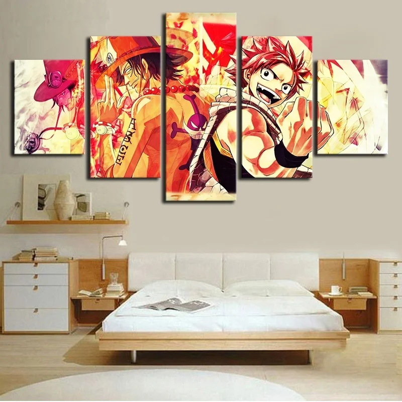 

Canvas Painting Prints Home Decor 5 Panel Anime One Piece Portgas D Ace And Fairy Tail Natsu Art Modular Poster framework