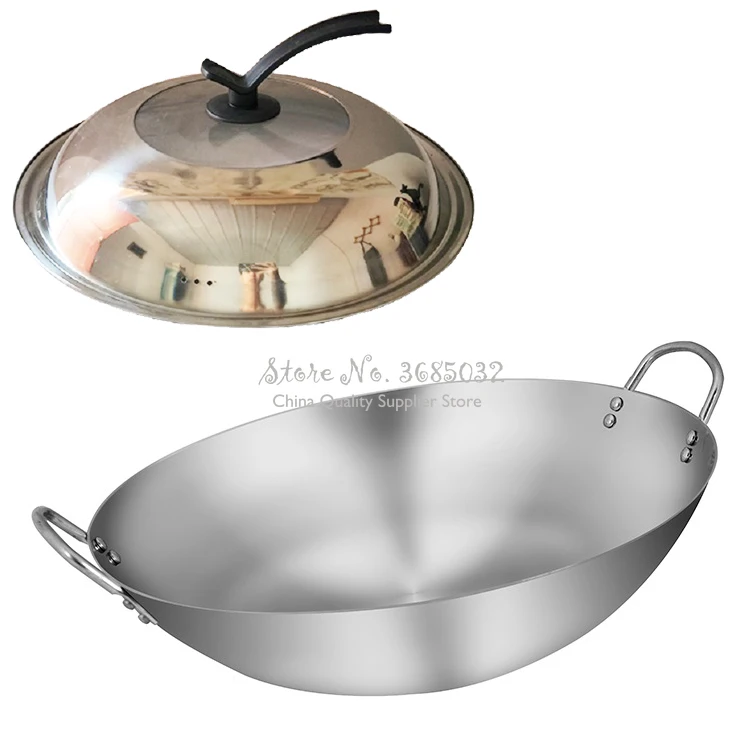 Утюг без покрытия Woks двойной ухо Газовая Плита горшок ручной работы огромная Ручная ковка вок с бинауральной 32-40 см шеф-повара жарить вок с крышкой