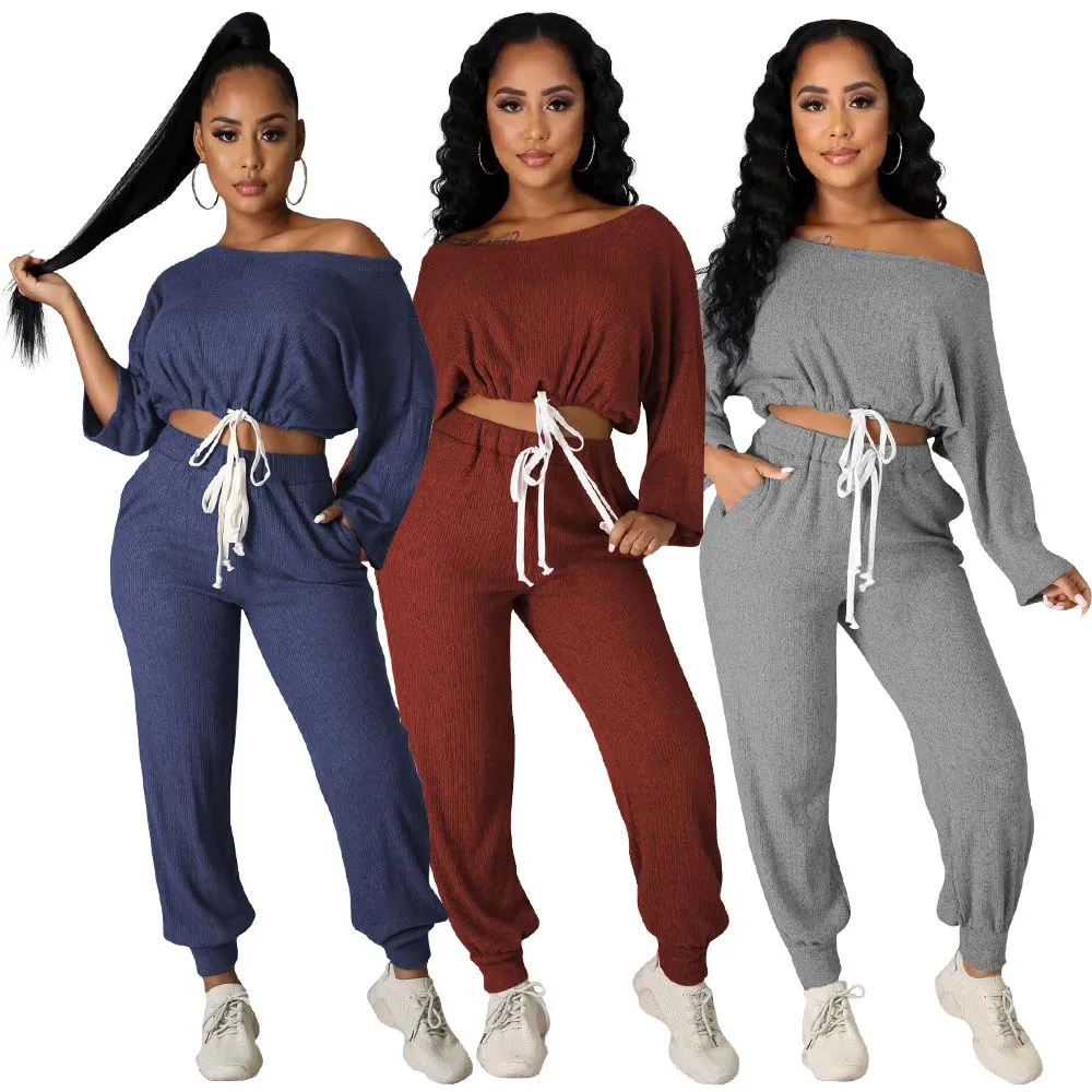 

Oluolin Fall Solid Casual Two-piece Ladies Sexy Oblique Shoulder Long Sleeve Waist Drawstring Crop Top Lace-up Trousers Outfits