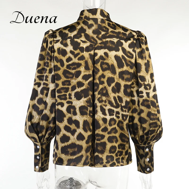 

Duena Puff Sleeve Loose T Shirt Autumn Female Sexy Animal Print Floral Streetwear Long Sleeve Collar Button Y2k Tie Dye Tops