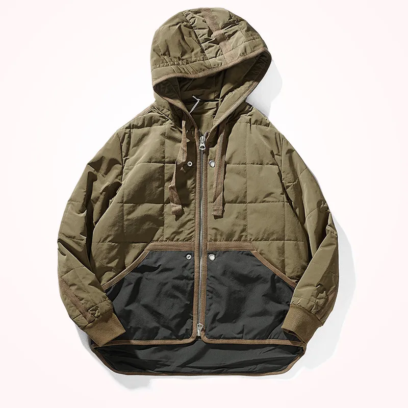 

Куртка мужская с капюшоном и хлопковой подкладкой, модное Свободное пальто контрастных цветов с прострочкой, с несколькими карманами, Осен...