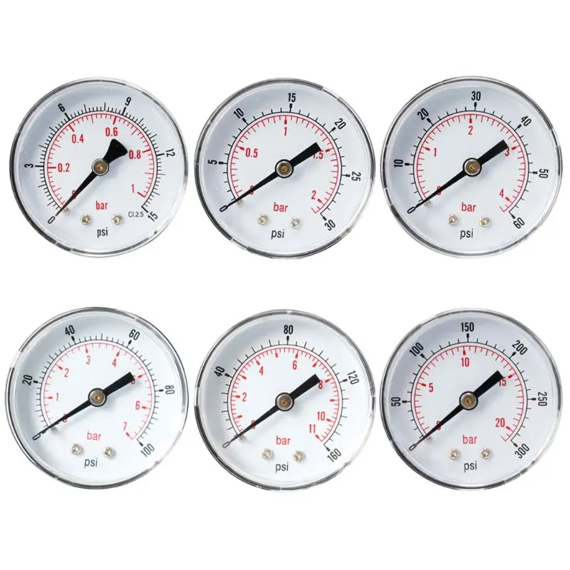 

Pressure Gauge 52mm Dial 1/4" BSPT Horizontal 0/15,30,60.100,160,300 PSI & Bar