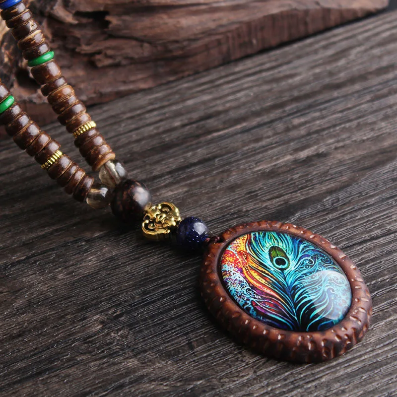 Retro Peacock Feather Ethnic Necklace Nepal Handmade Wood Beads Long Sweater Chain Jewelry | Украшения и аксессуары