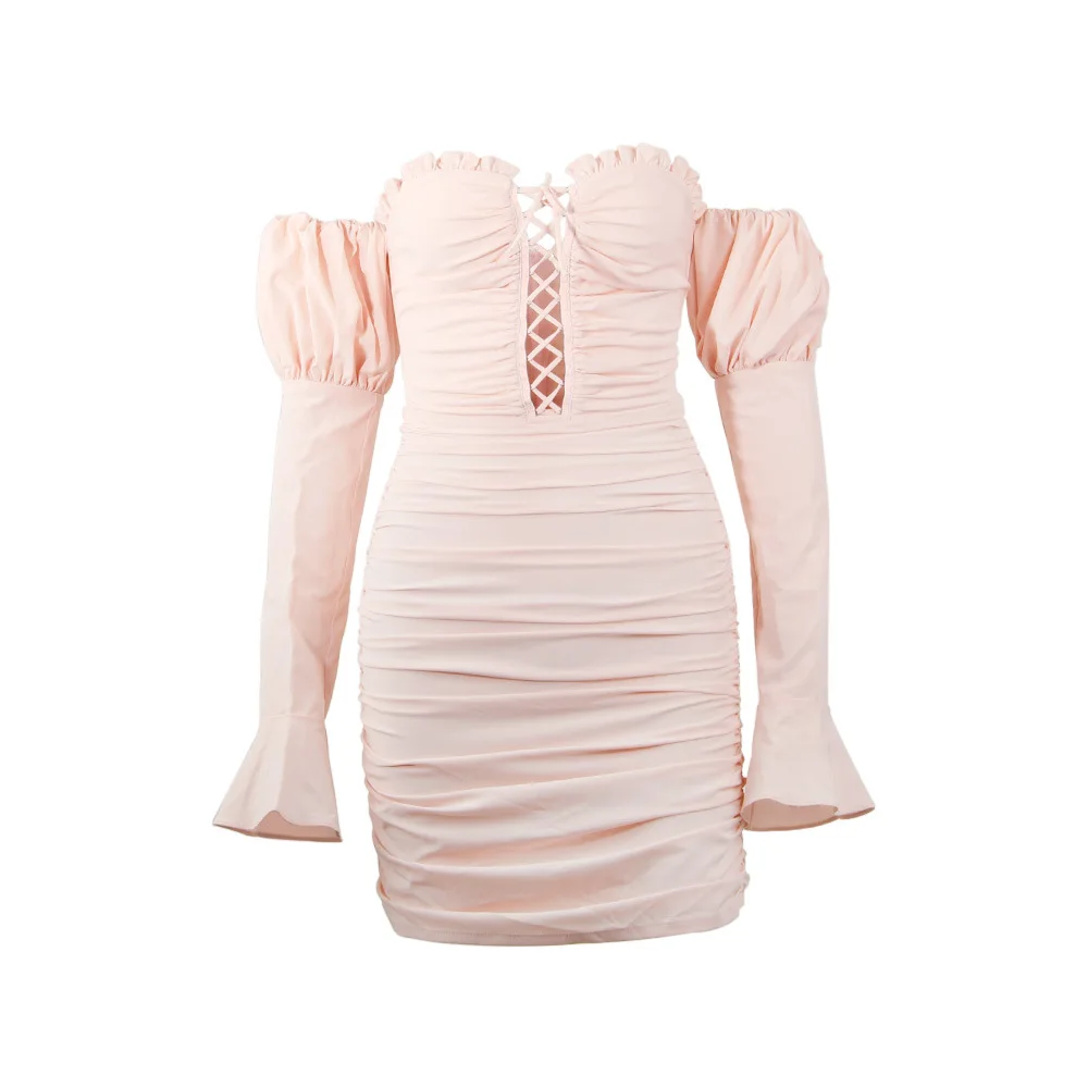 

Fannic Slash Neck Long Sleeve High Waist Slim Dresses for Women Hollow Out Solid Color Pleated Puff Sleeve Sexy Dress Femme