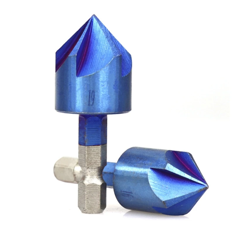 

6pcs Countersink Drill Bit 1/4" Hex Shank 90 Degree Wood Chamfering Cutter 5 Flutes Blue Coated Chamfer Tool