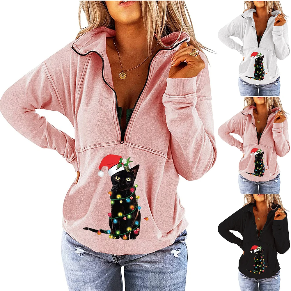 

Womens Christmas Cat Printed Pullover Ladies Casual Printed Xmas Long Sleeve Casual Zipper Sweatshirt Half Zipper Pullover Tops